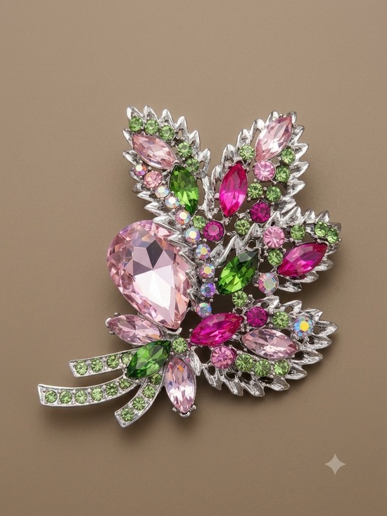 None Jewelry - Pink & Green Crystal Floral Brooch - Women Jewelry
